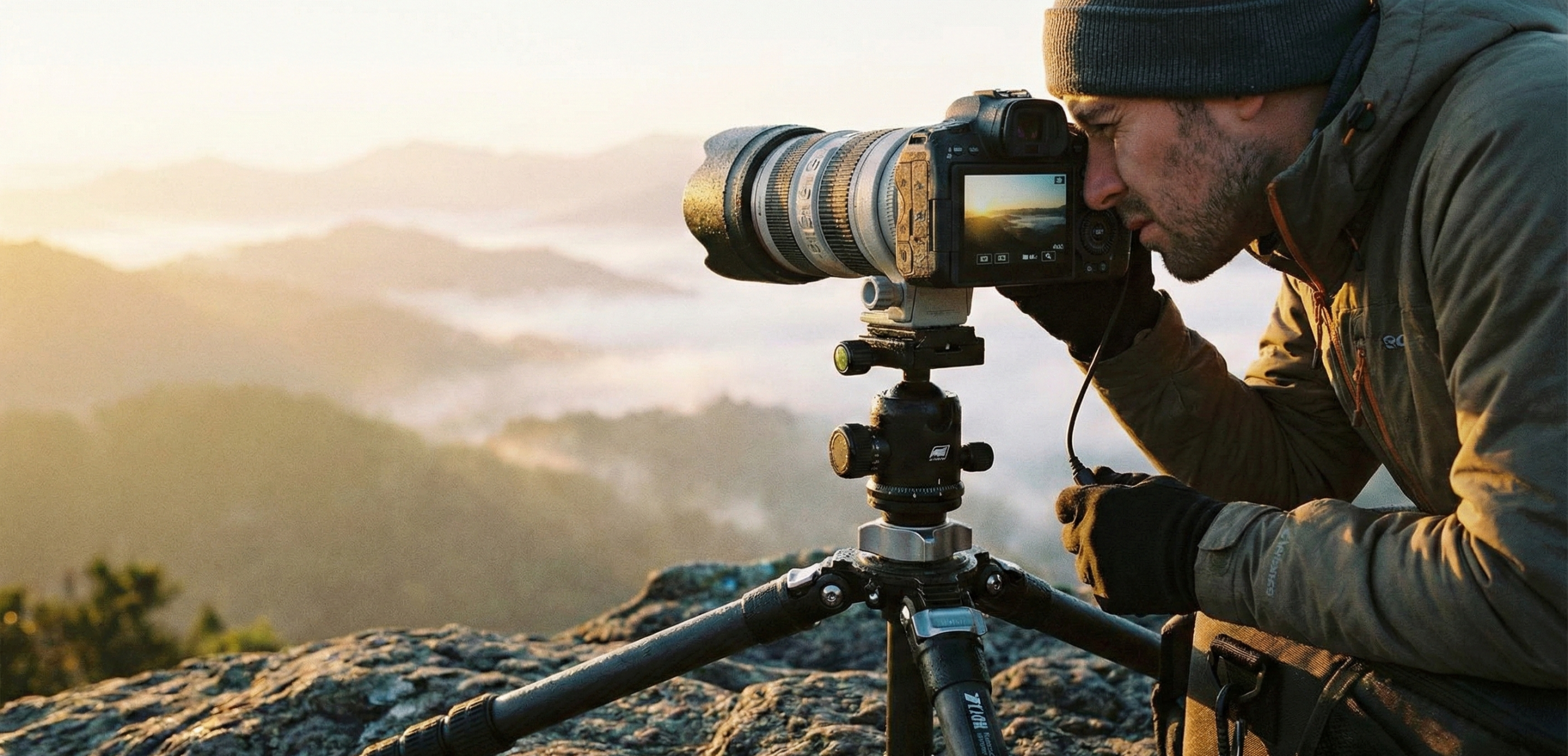Aktivitas fotografer sedang setting tripod di Puncak Ijen